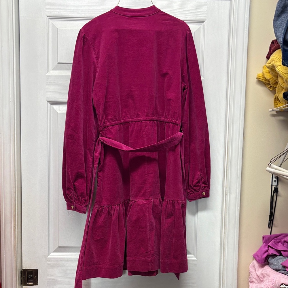 Draper James Long Sleeve Pink Corduroy Dress Gold Buttons Tie Belt Puff Sleeve M - Picture 3 of 4
